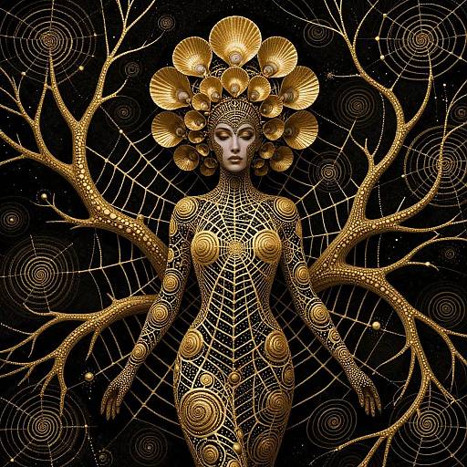 Digital art of a golden, intricately patterned, humanoid figure with a radiant, leaf-like headdress and branching, wing-like arms against a black