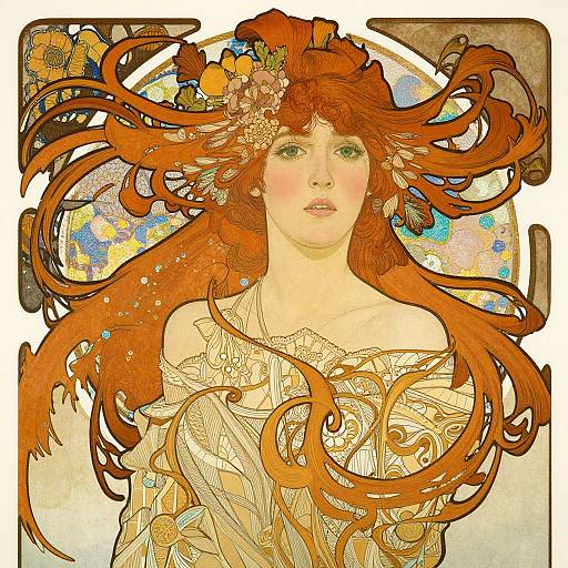 Digital art of a fair-skinned woman with flowing red hair, adorned with flowers, wearing an intricate off-shoulder gown, in an Art Nou