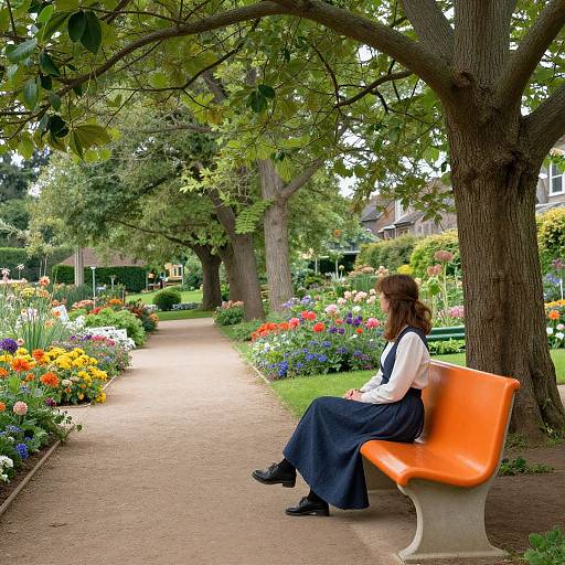 Woman on Orange Bench in Serene Garden