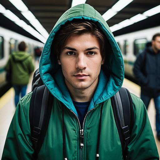 Young man in green jacket at metro station