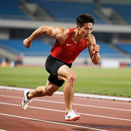 Photograph of a muscular Asian male sprinter in a red sleeveless top and black shorts, running on a track with a blurred stadium background.