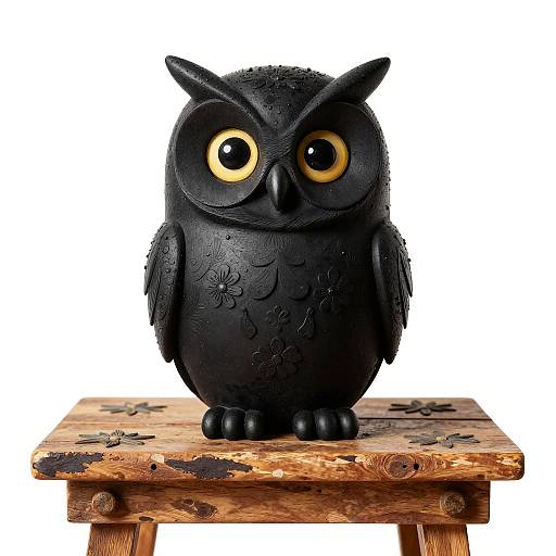 Black Owl on Rustic Wooden Table