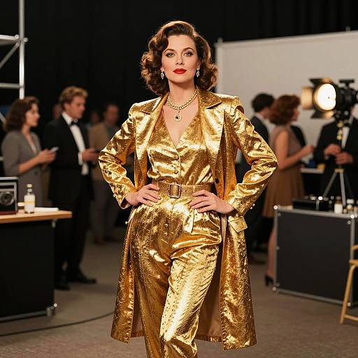 Glamorous Woman in Gold Retro Outfit on Film Set