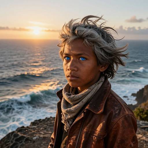 Pacific Islander Boy with Blue Eyes on Rocky Cliff