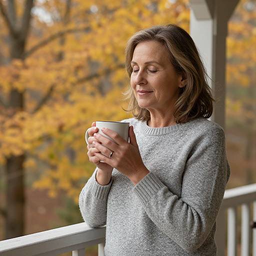 Photograph of middle-aged woman with light brown hair, wearing a gray sweater, holding a white mug, smiling on a balcony with autumn leaves in the