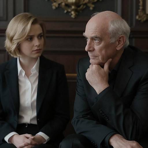 Contemplative Older Man with Young Woman in Formal Attire