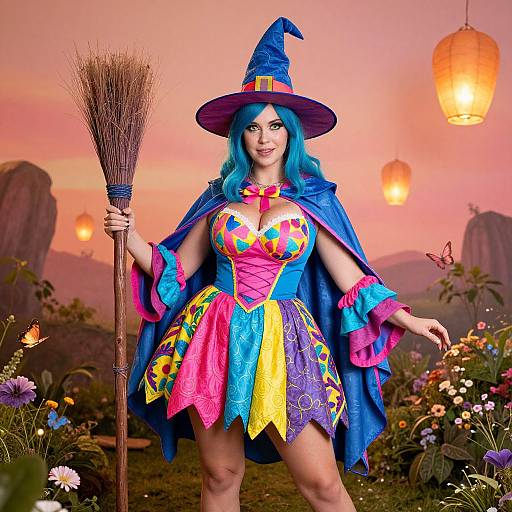 Photograph of a blue-haired woman in a colorful, vibrant witch costume holding a broom, set against a sunset-lit garden with hanging lanterns