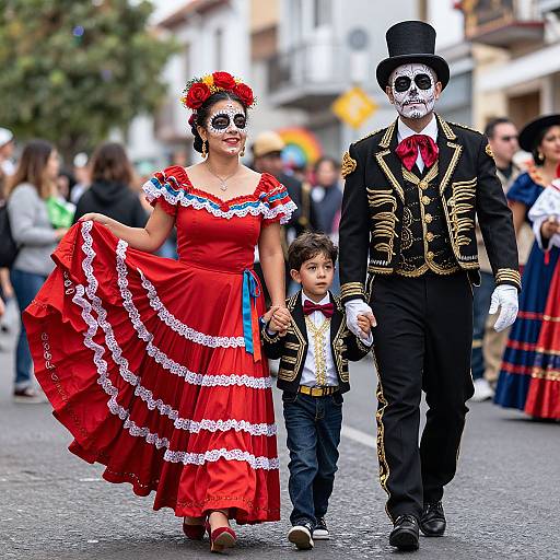 Family in Vibrant Catrinas Parade Attire