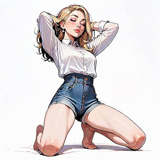 Blonde Woman Kneeling in Denim Shorts