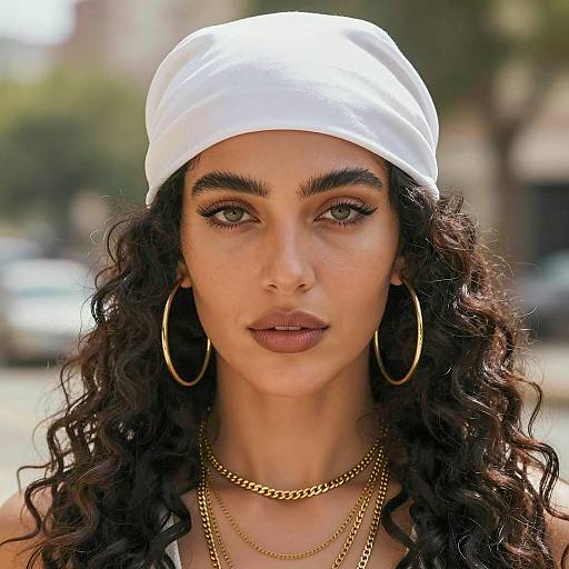 Portrait of Woman with White Headscarf and Gold Jewelry