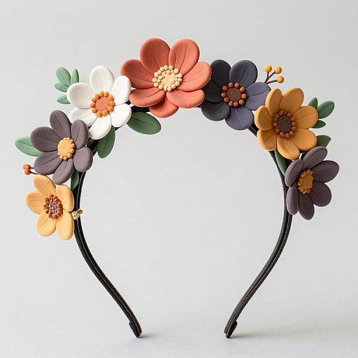 Photograph of a colorful, paper-crafted flower crown with red, white, yellow, and purple flowers, black curved wire base, and green leaves