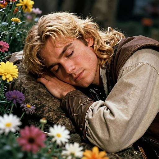 Photograph of a blonde, fair-skinned man with closed eyes, resting head on hand, surrounded by colorful flowers in a garden. He wears a