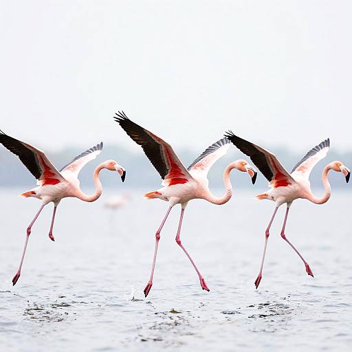 Photograph of four pink flamingos with black-tipped wings in mid-flight over a reflective, calm water surface, against a bright white sky.