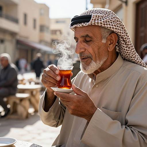 Photograph of an elderly Middle Eastern man with white beard, wearing a traditional checkered kufi and beige thobe, sipping steaming tea