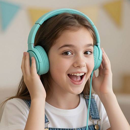 Photograph of a young girl with light skin, brown hair, and brown eyes, wearing turquoise headphones, white shirt, and denim overalls, smiling