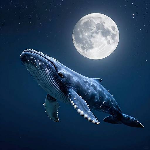 Digital artwork of a colossal blue whale with glowing spots, soaring beneath a bright, full moon in a starry night sky.