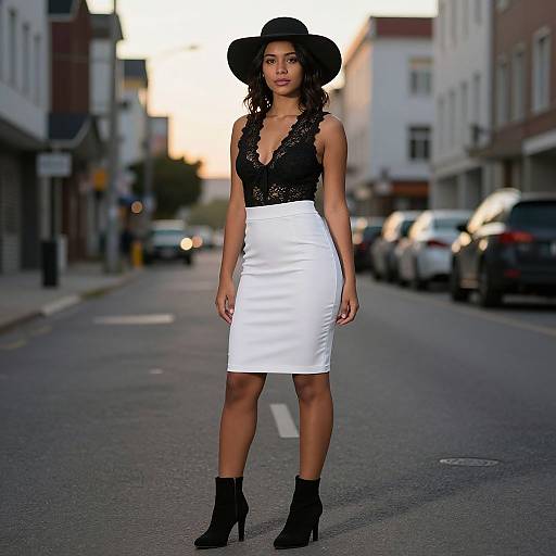 Photograph of a confident Black woman with curly hair, wearing a black lace top, white pencil skirt, black boots, and wide-brim hat,