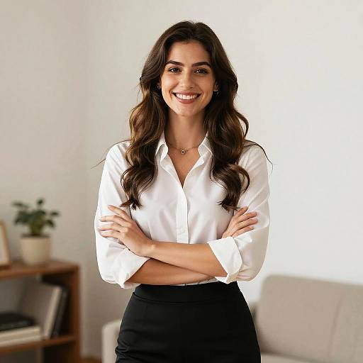 Photograph of a smiling woman with long, wavy brown hair, wearing a white button-up shirt and black skirt, standing with arms crossed in a