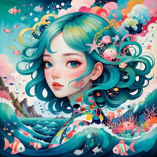 Whimsical Woman in Ocean Abstract Art