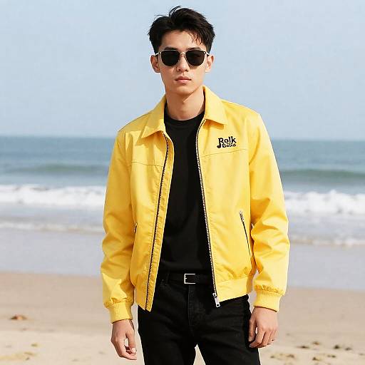 Photograph of a young man with short black hair, wearing black sunglasses, a yellow jacket with 