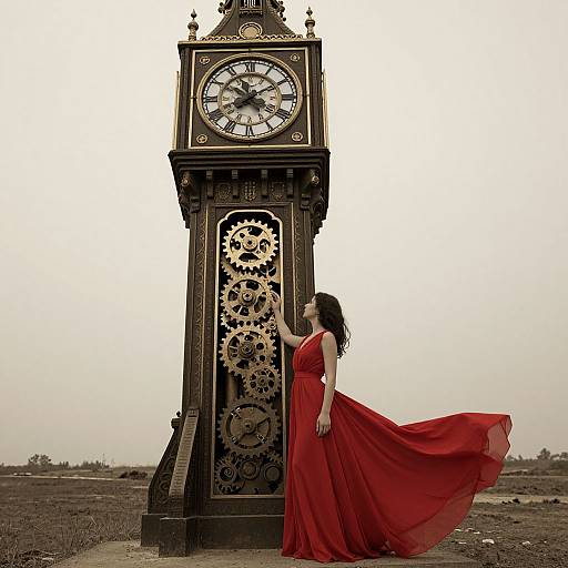 Photograph of a woman in a flowing red dress standing beside a tall, vintage clock with exposed gears, against a cloudy, barren landscape.