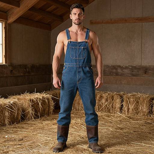 Photograph of a muscular, bearded man in blue denim overalls and brown boots standing in a wooden barn filled with hay bales.