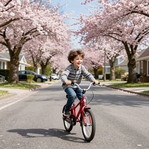 Photograph of a young boy with curly brown hair, wearing a gray plaid shirt, riding a red bicycle on a suburban street lined with blooming
