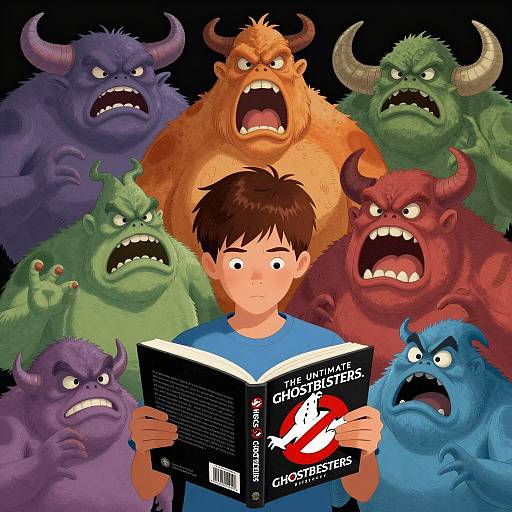 Boy Reading Among Colorful Monsters