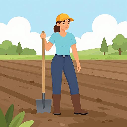 Digital illustration of a female farmer with brown boots, blue shirt, and cap, holding a shovel in a plowed field.