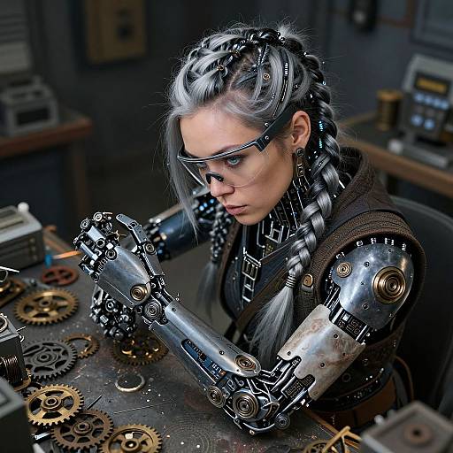 Cyberpunk woman with silver braided hair, robotic arms, working on intricate gears in a dimly lit, industrial workshop. Photorealistic CGI