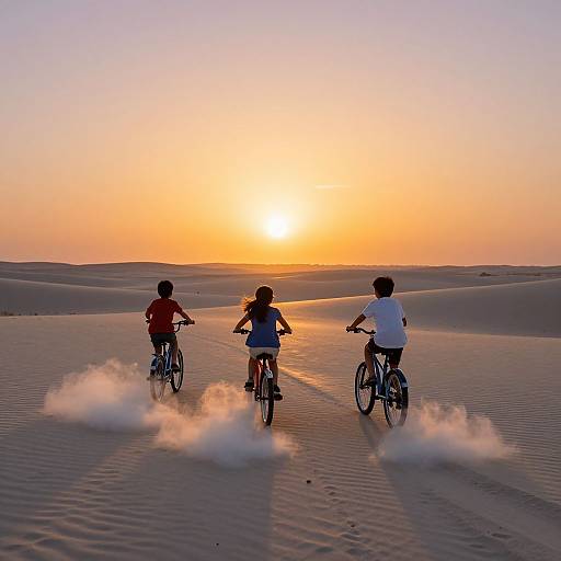 Photograph of three children riding bicycles in a desert at sunset, kicking up sand, with a vivid orange and pink sky.