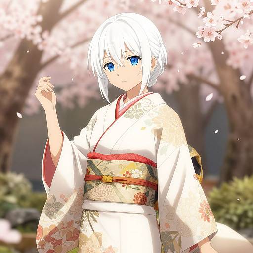 Anime Girl in Kimono Amid Cherry Blossoms