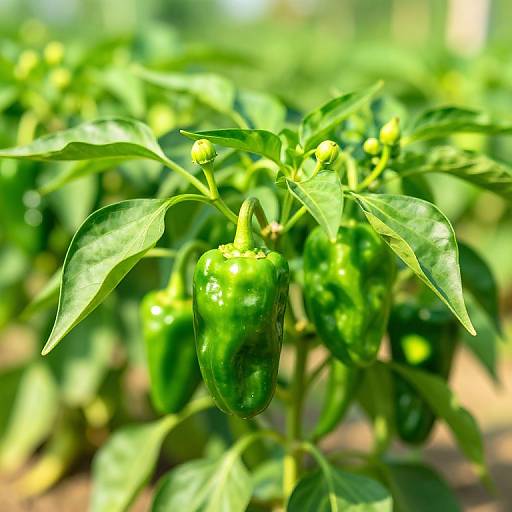 Close-up photograph of a green bell pepper plant with glossy leaves, a ripe green bell pepper in focus, and blurred background of more peppers and leaves in