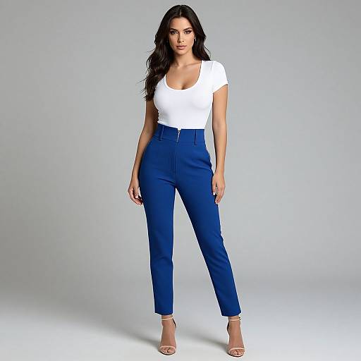 Photograph of a confident woman with long dark hair, wearing a white fitted t-shirt, high-waisted blue trousers, and beige sandals, standing