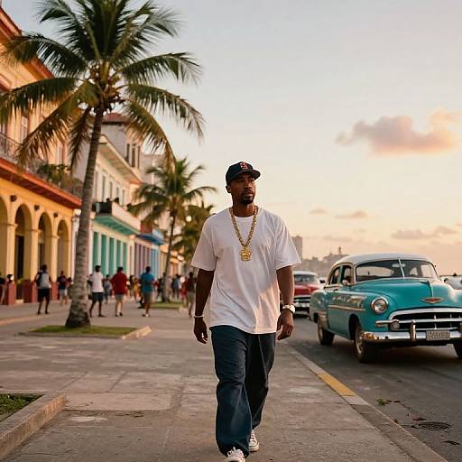 Photograph of a Black man in a white T-shirt, gold chain, and dark pants walking on a sunny, palm-tree-lined street with vintage cars