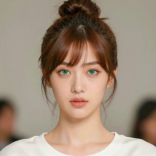 Portrait of Woman with Green Eyes and Brown Hair Bun