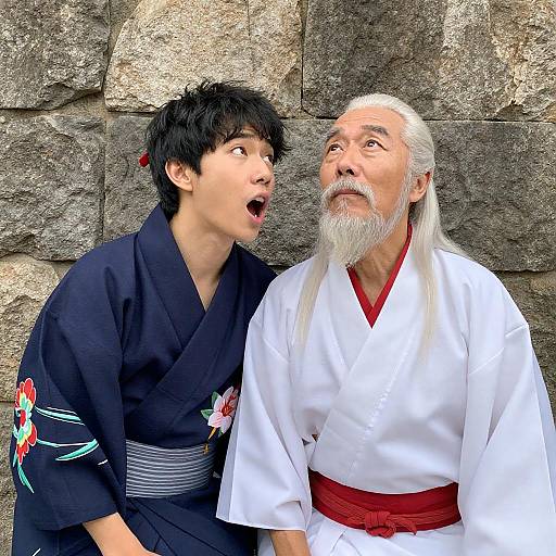 Two Asian men in traditional kimonos