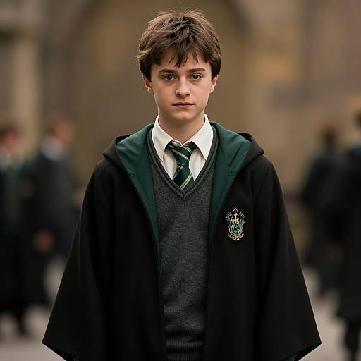 Photograph of a young boy with brown hair in a Hogwarts school uniform, featuring a dark green robe, grey sweater, white shirt, and green striped