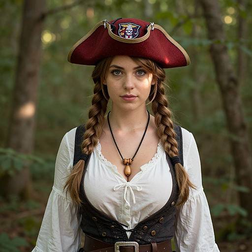 Photograph of a young woman with braided brown hair, wearing a red pirate hat, white blouse, black corset, and forest background.