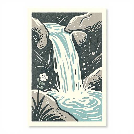 Illustration of a small, white waterfall cascading between gray rocks, with blue water pool and white flower in foreground. Dark background. Whimsical