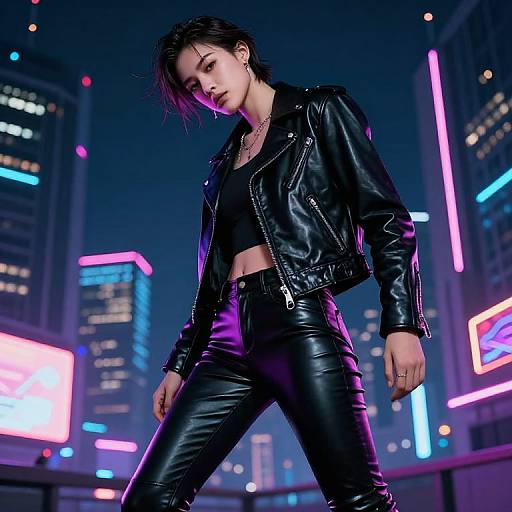 Photorealistic digital artwork of a dark-haired woman in a black leather jacket and pants, standing confidently in a neon-lit cityscape at night,