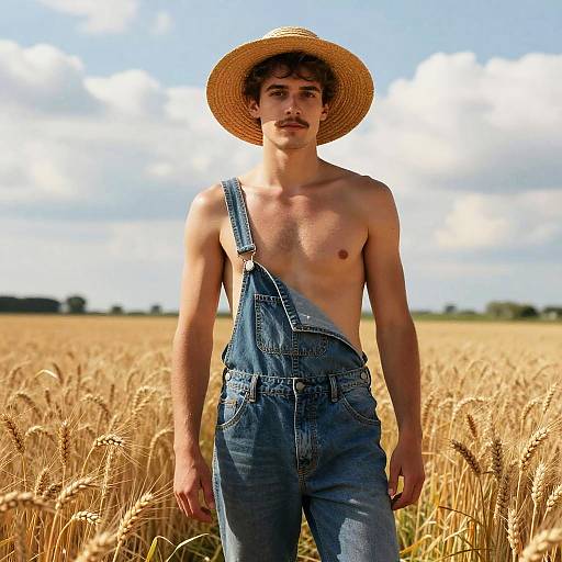 Shirtless Man in Overalls Standing in Wheat Field