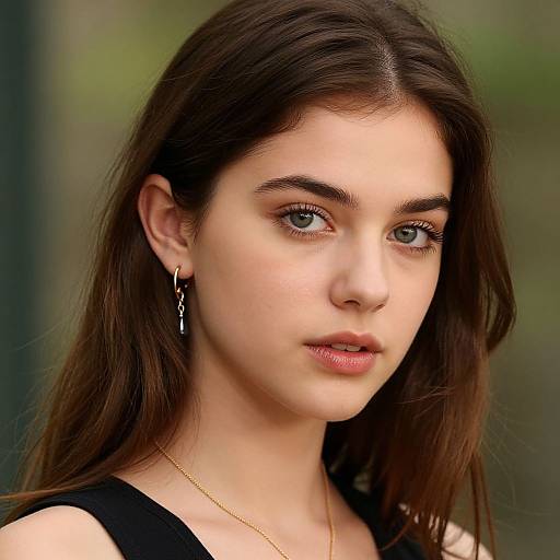 Photograph of a young woman with fair skin, blue eyes, and long brown hair, wearing a black top, gold hoop earrings, and a delicate