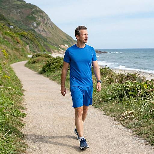 Vibrant Coastal Walk in Blue Athletic Wear
