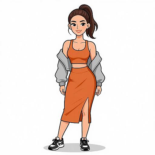 Digital illustration of a smiling young woman with a high ponytail, wearing an orange crop top and matching skirt, with a gray jacket off her shoulders,