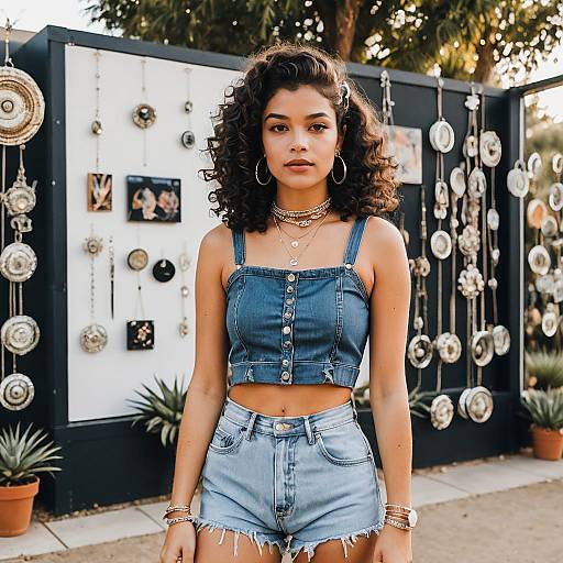 Young Woman in Denim Outfit at Outdoor Art Display