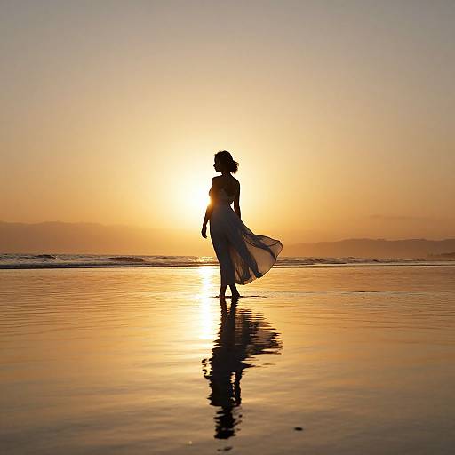 Silhouetted woman in flowing dress walks on wet beach at sunset, sun reflecting on water, orange and yellow sky. Photographic image.