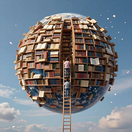 Digital artwork: A giant spherical library floats in a blue sky, filled with books of various sizes and colors. A person climbs a ladder to access its