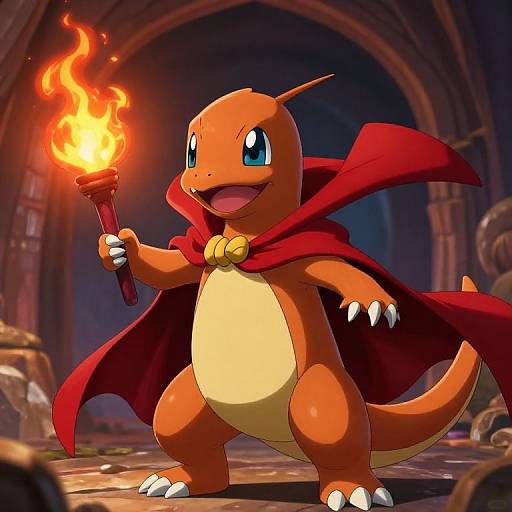 Digital artwork of an orange Charizard with a red cape, holding a flaming torch, standing in a dark, ancient stone archway.