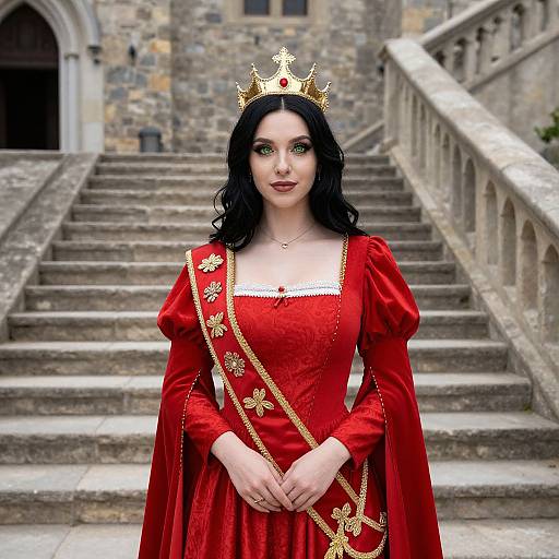 Photograph of a pale-skinned woman with black hair, wearing a gold crown, red velvet dress with gold embroidery, standing on stone stairs of a